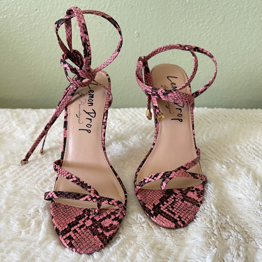 Lemon Drop Pink Snake Print Heels 5.5